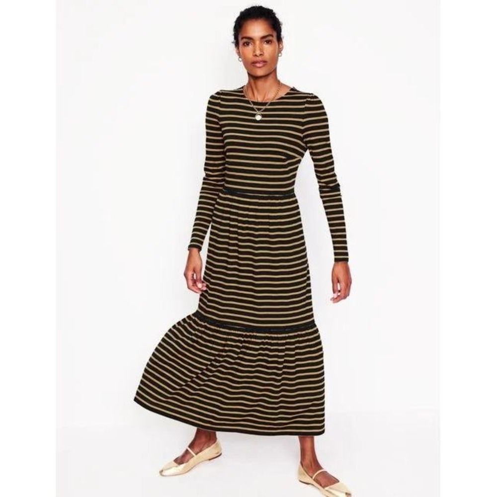 Boden Emma Long Sleeve Camel Black Stripe Maxi Dress 16/18 Cotton Modal Preppy